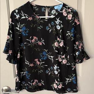 CeCe Black Blouse with Floral Print